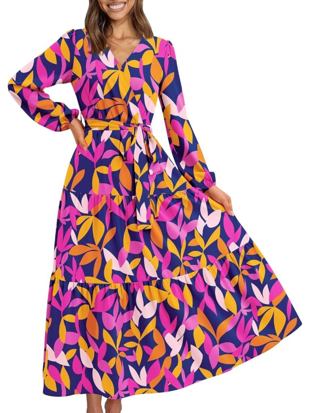 Women's Multicolored Long Sleeve Boho Floral Wrap Wedding Guest Maxi Dresses
